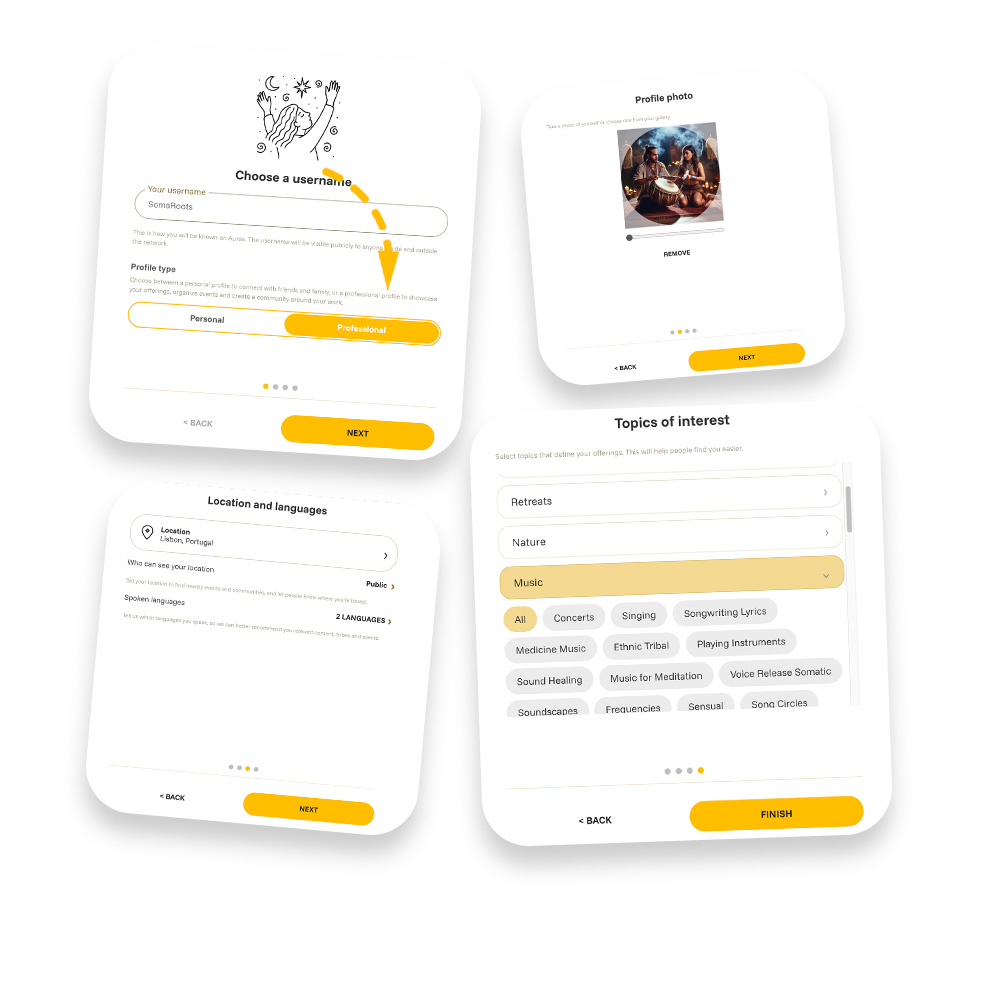 Professional profile creation showing the Professional type selected, username, profile image, location, languages, and offering topics