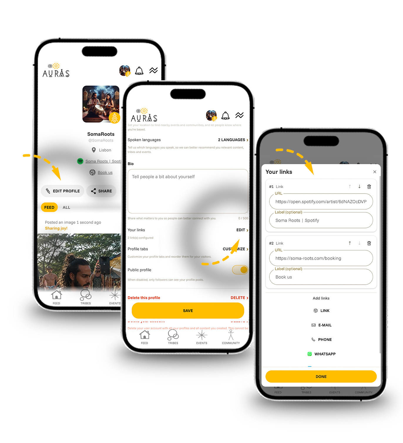 Professional profile links with custom labels and website, Linktree, Spotify, YouTube, shop, email, and messaging icons
