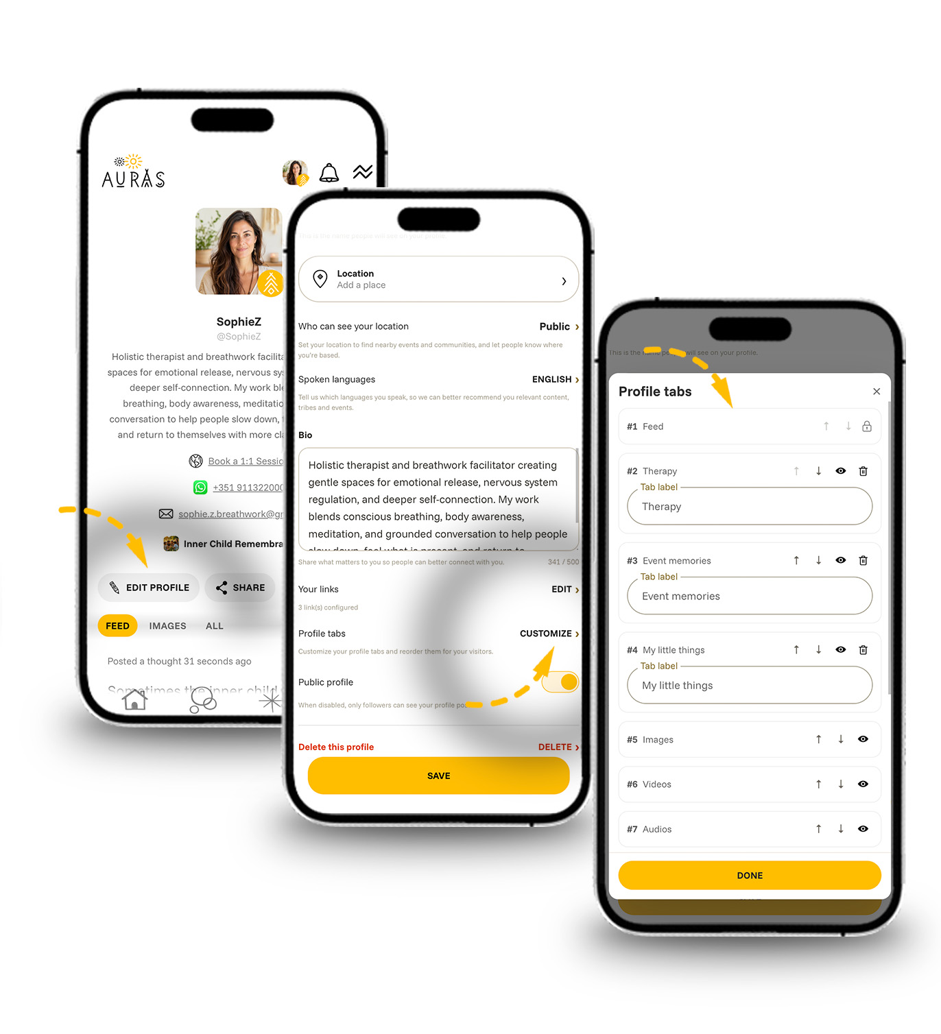 Professional profile tabs with Feed and All locked in place, system tabs, and custom offering tabs