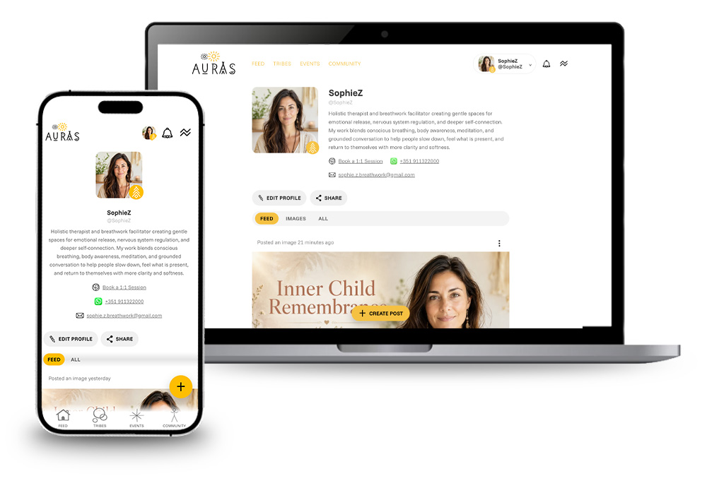 Professional profile showing the image, name, username, bio, location, links, public tribes, actions, tabs, feed, and create-post button