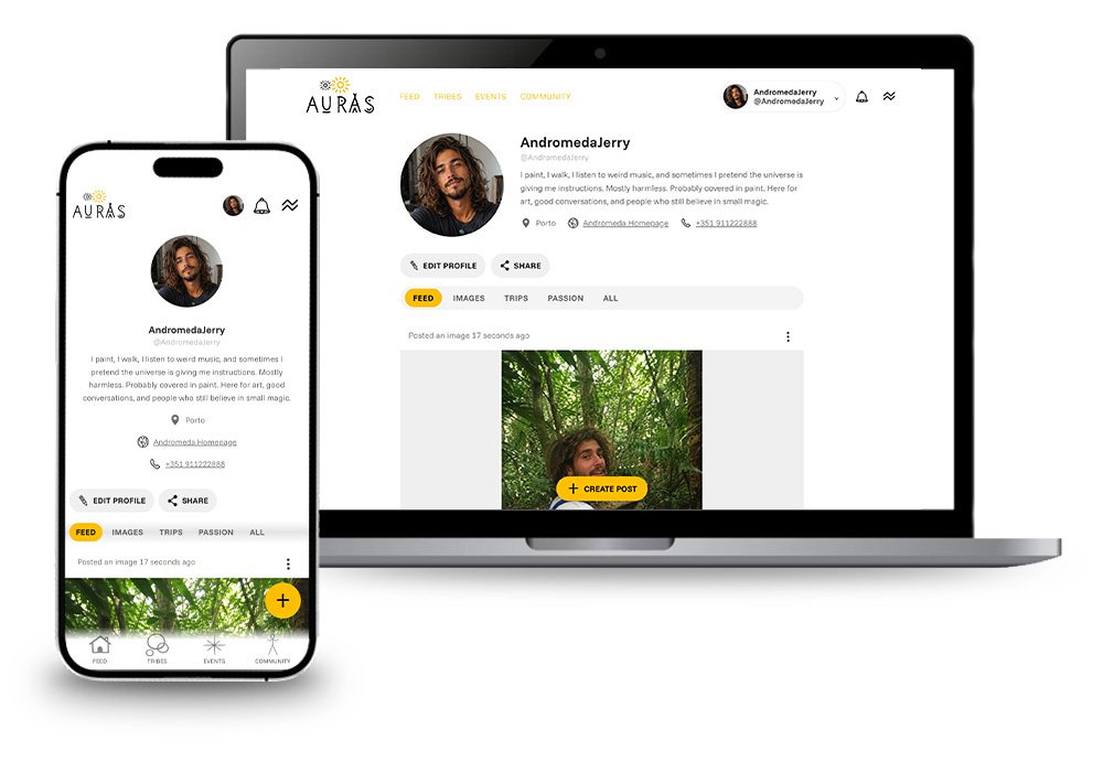 Personal profile showing the avatar, display name, username, bio, location, links, actions, tabs, feed, and create-post button